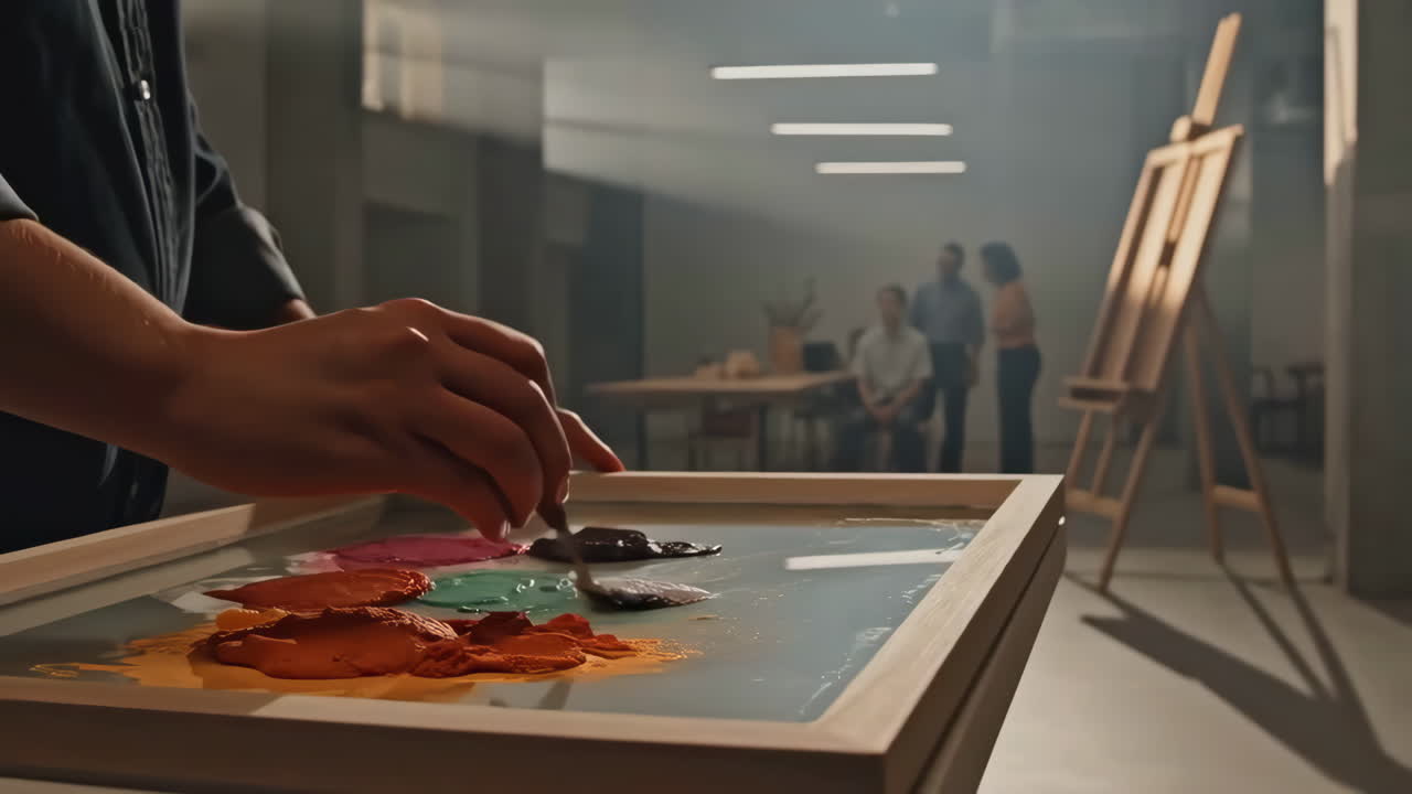 Artist Mixing Paints on a Palette in an Art Studio