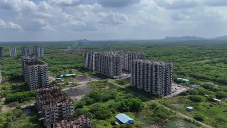 aerial view of abandoned highrise buildings
