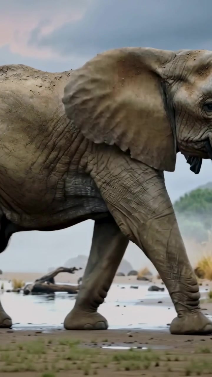 Vertical video: Walking African elephant starting midstride along muddy shoreline, splashing water