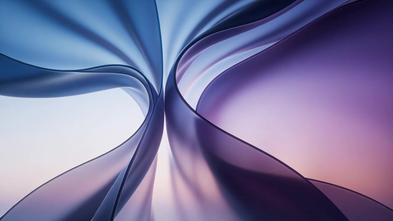 Frames driving sheer ribbons converging center on dawn backdrop, knotting and unfurling for balance