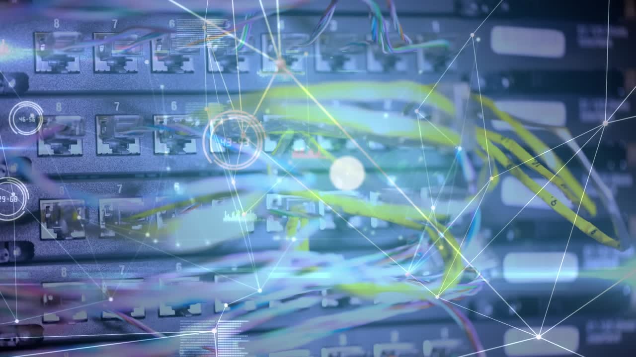 Animation of network of connections with icons over computer server