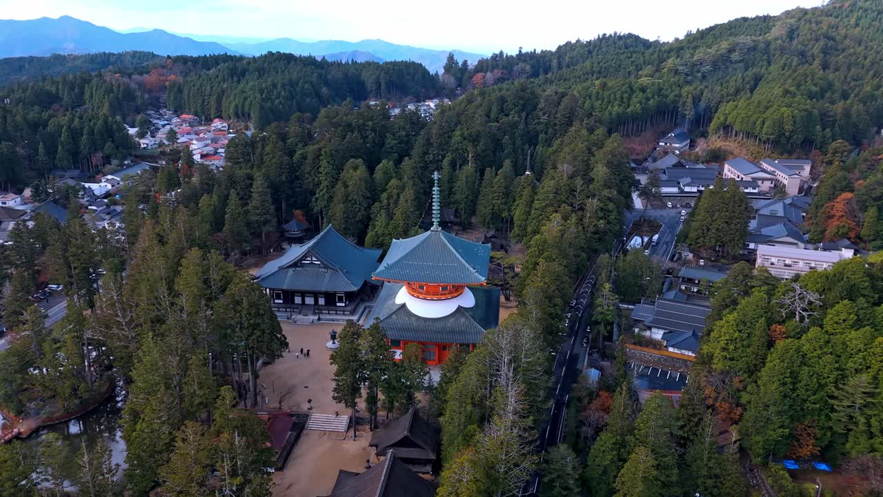 Drone footage capturing the stunning Danjo Garan Sacred Temple Complex in Koyasan, Japan.