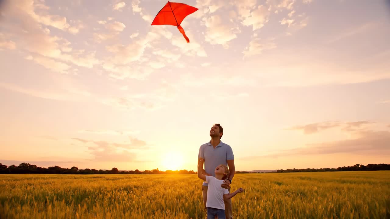 Father and Son Flying Kite in Wheat Field at Sunset