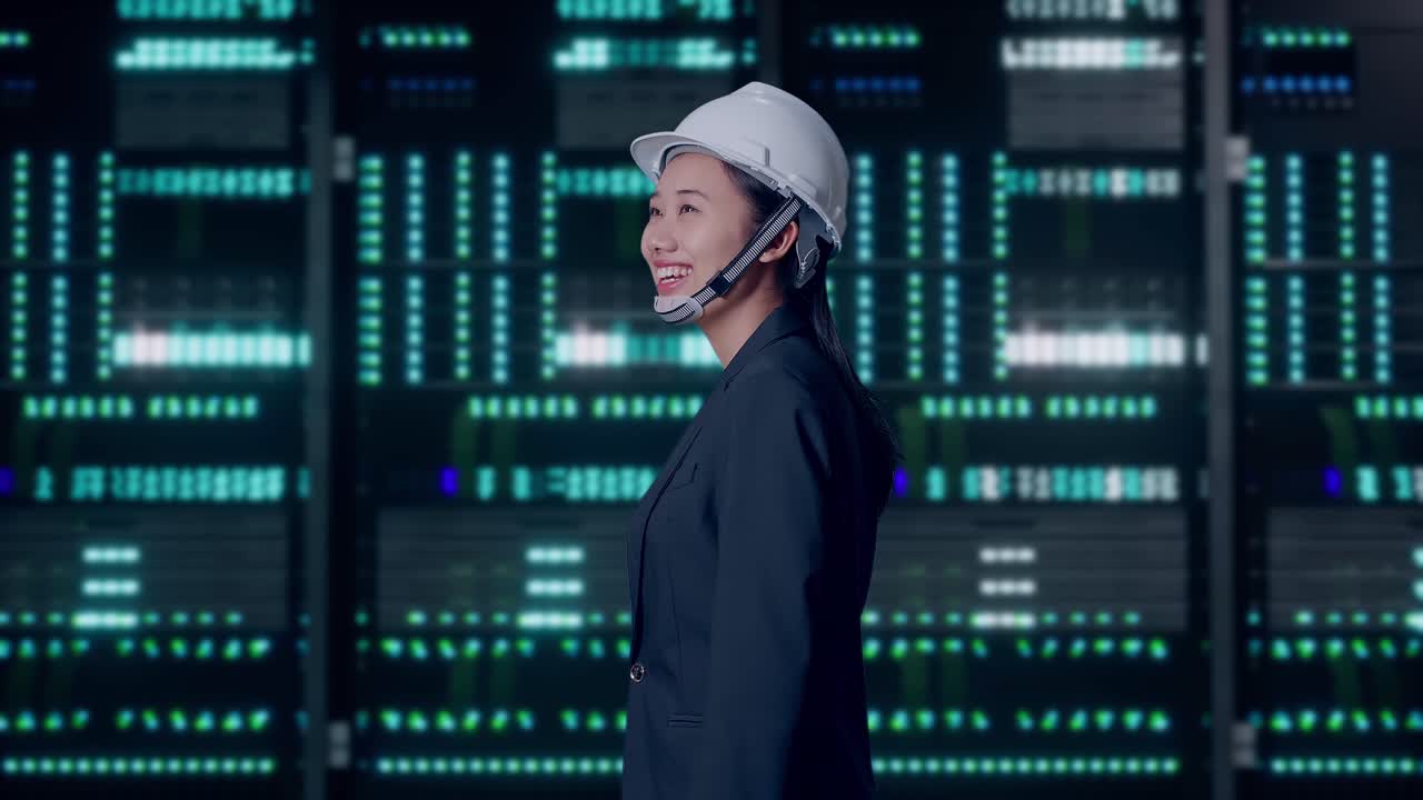 Side View of Asian Businesswoman Walking and Smiling in Server Room Data Center