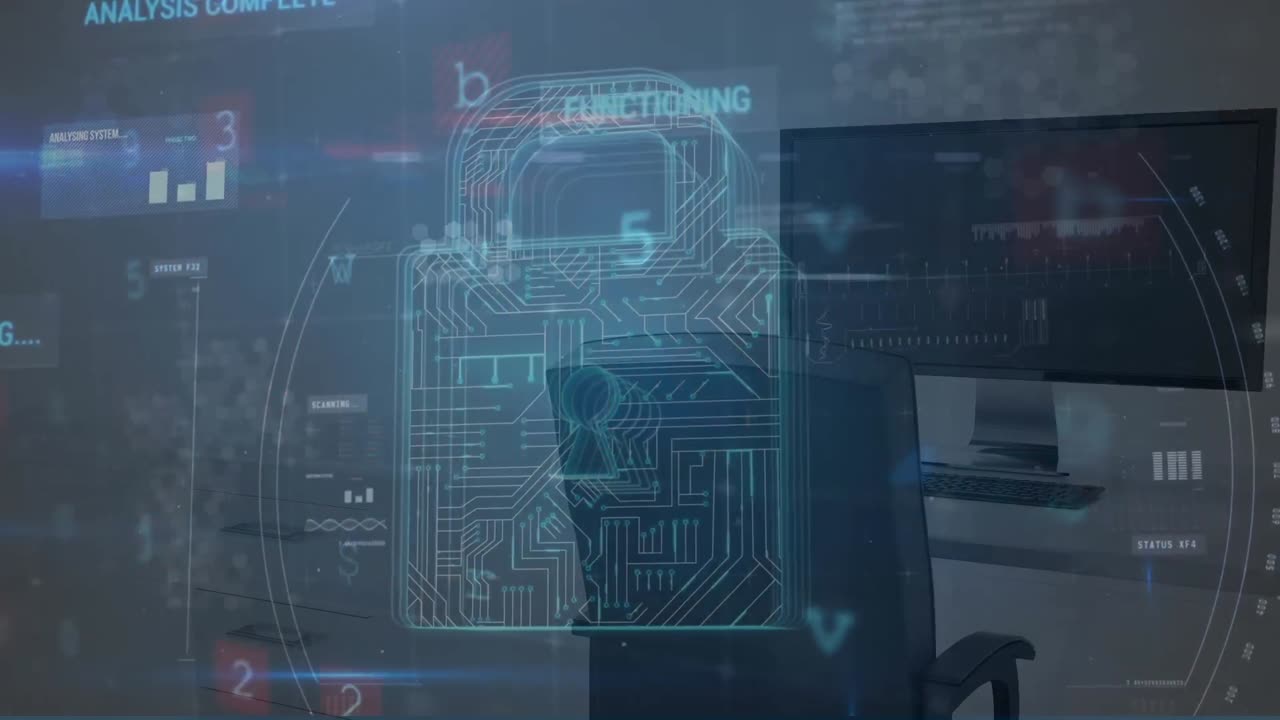 Animation of digital padlock with integrated circuit and warning, scanning over computers in office
