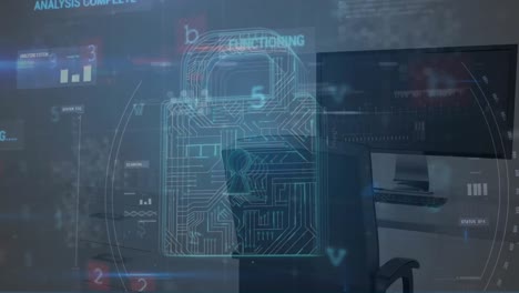 animation of digital padlock with integrated circuit and warning, scanning over computers in office