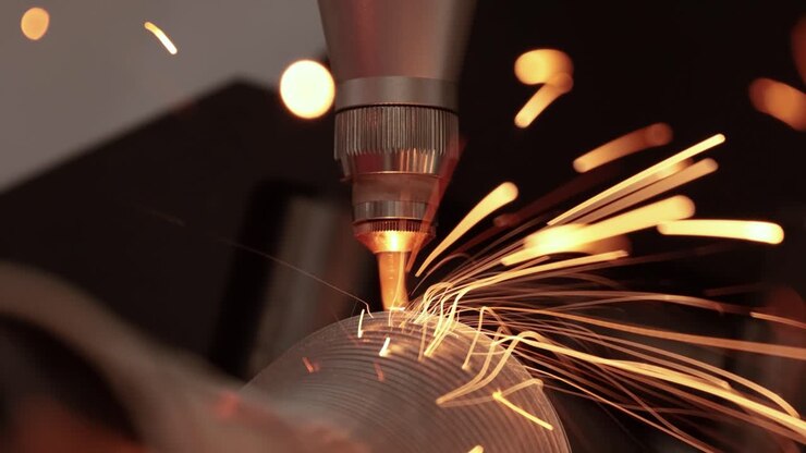 Taglio laser CNC di metallo, moderna tecnologia industriale.