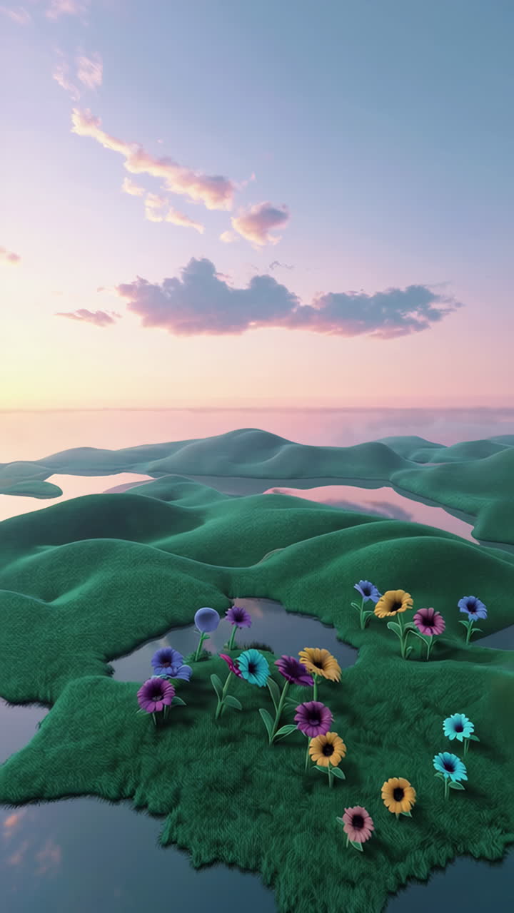 Un paisaje de fantasía vibrante con flores de colores