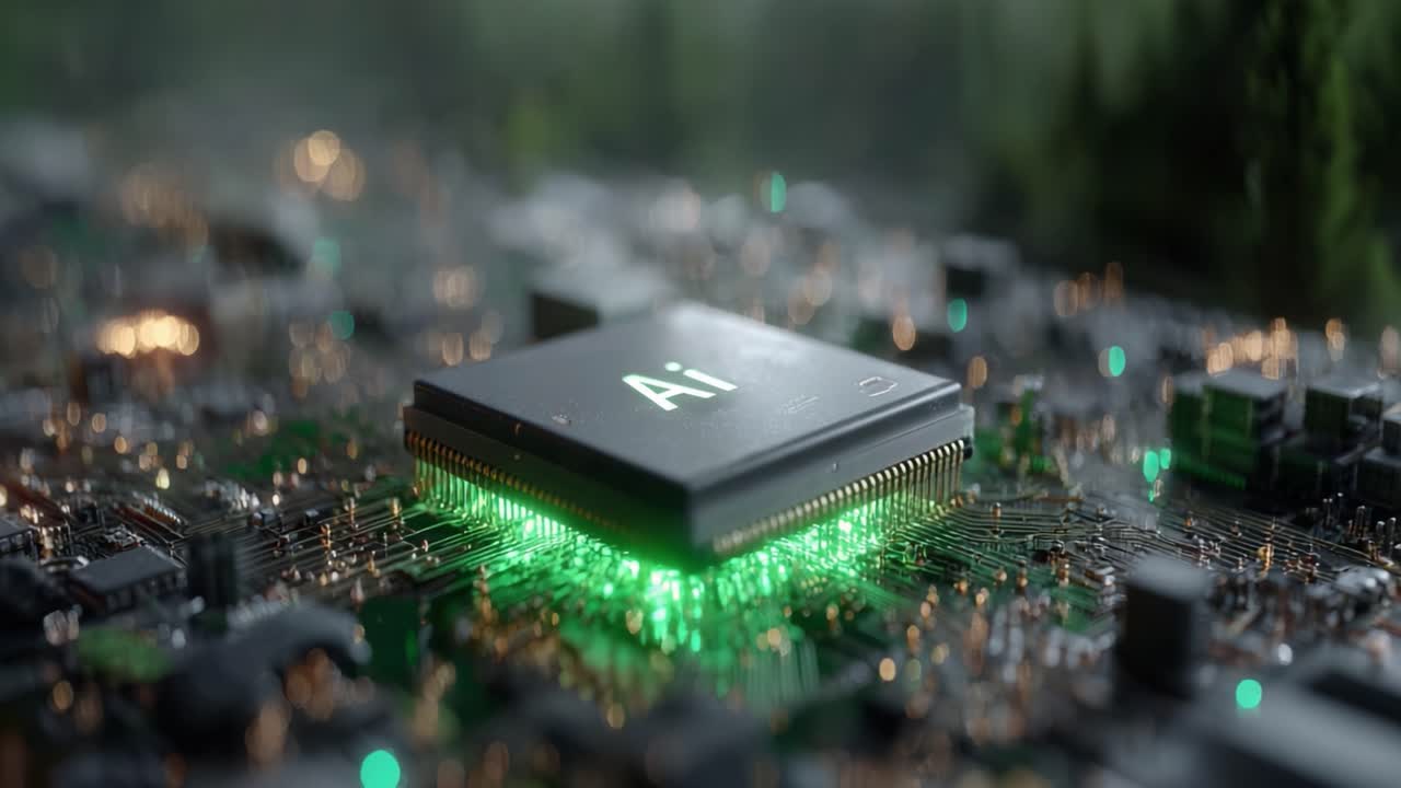 Exploring the Intricacies of AI Technology: A Close-Up Perspective on a Revolutionary Microchip Glowing with Green Highlights Set Against a Circuit Board Background