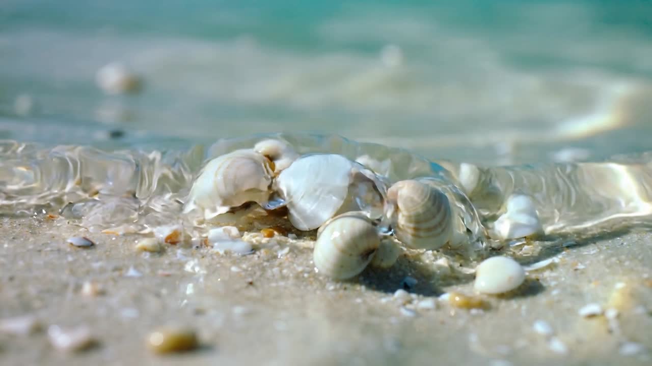 Advancing wave nudging seashell cluster glistening on wet sand at shore, making foam and highlights
