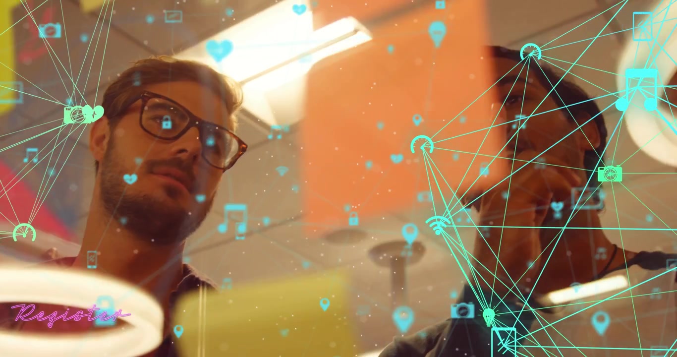 Animation of globes of digital icons over diverse colleagues discussing over memo notes at office