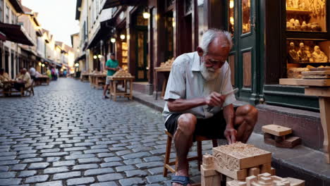 street wood carver in old european town