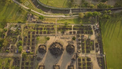 9th century prambanan temple aerial view at sunset which is a unesco site, yogyakarta, indonesia