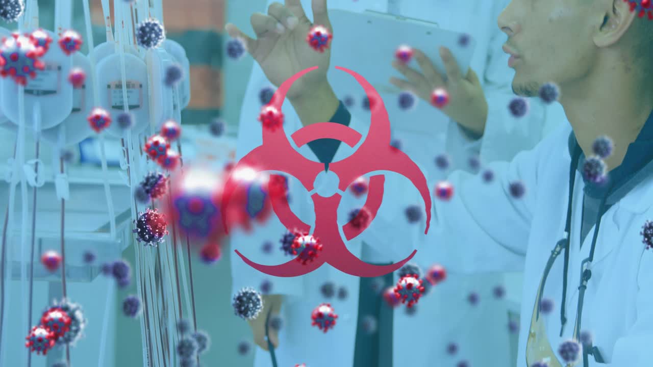 Dibujo de iconos circulares de células de coronavirus colgando, con células sobre un fondo negro.