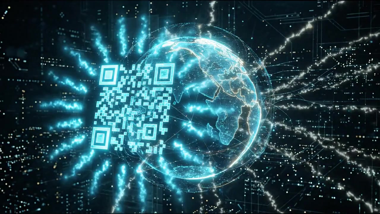 Digital QR Code Floating Beside Glowing Earth Globe in Cyberspace