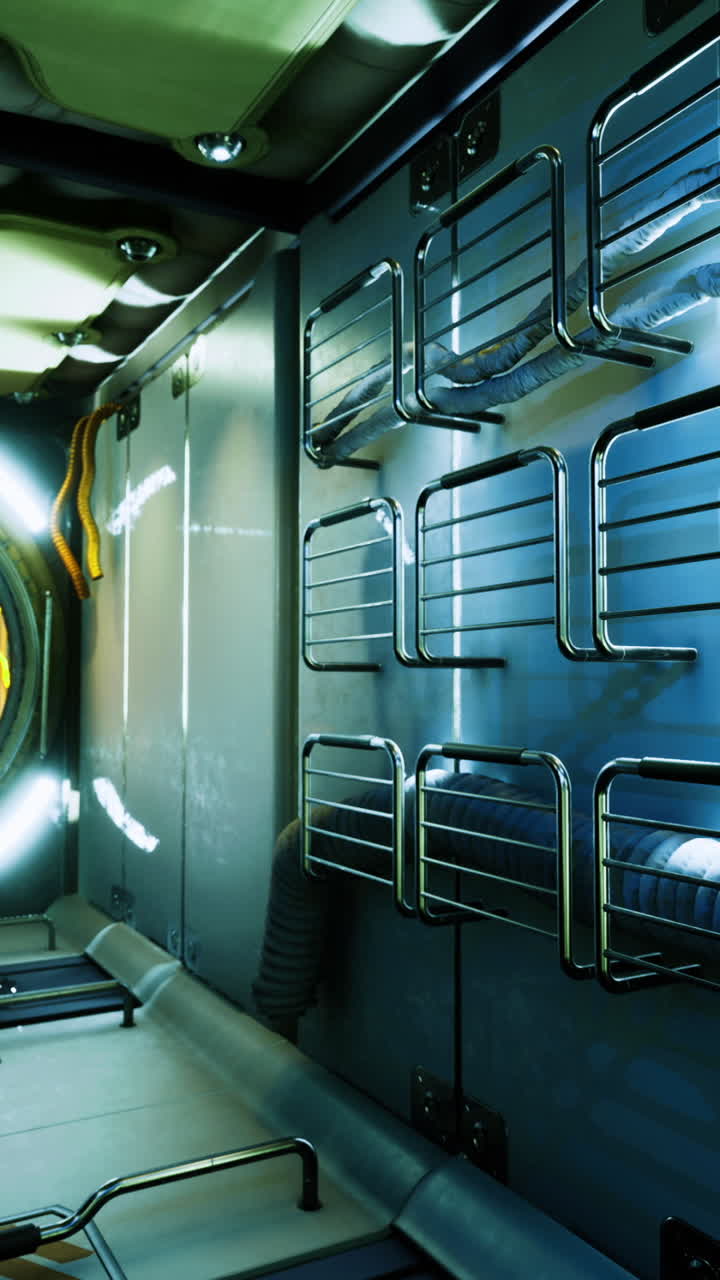 This unique environment showcases a vibrant and high tech pod space