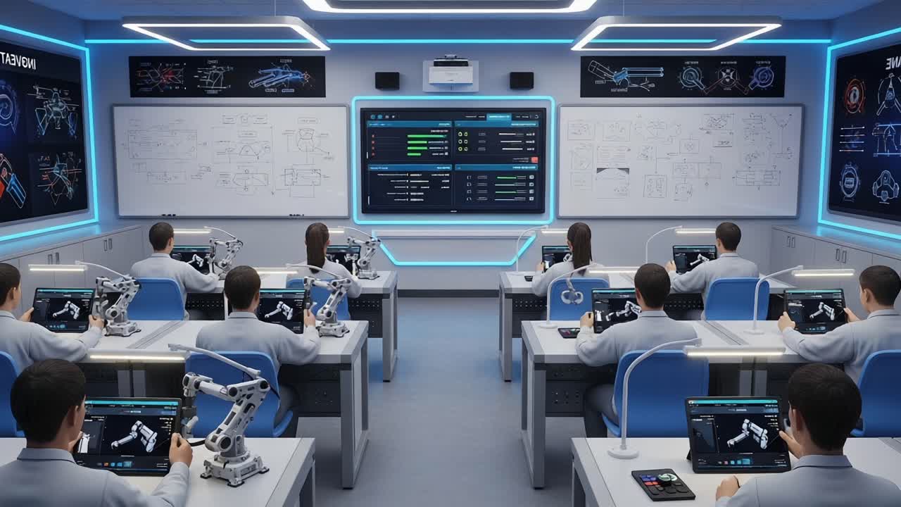 Innovative Learning Environment for Robotics and Automation: Advanced Training Session Showcasing Students Engaged in Practical Exercises with High-Tech Equipment and Interactive Displays