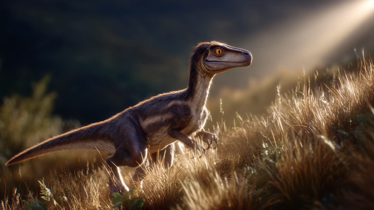 Un maestoso dinosauro che corre con grazia attraverso un paesaggio erboso illuminato dal sole, mostrando la bellezza e la potenza della vita preistorica in un'ambientazione naturale mozzafiato.