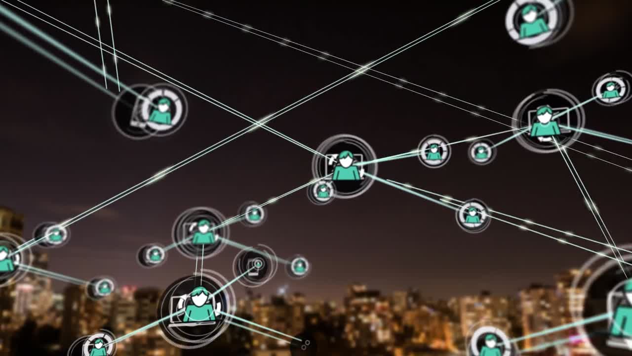animación de la red de conexiones con iconos sobre el paisaje urbano