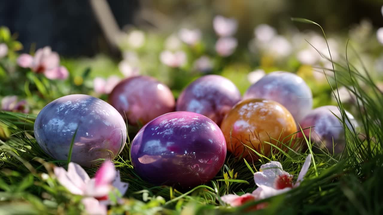 Colorful eggs rest on soft green grass. Pink blossoms surround the eggs. Sunlight gently illuminates the scene. Pastel hues reflect springtime joy. Ideal for Easter, celebration, or nature themes