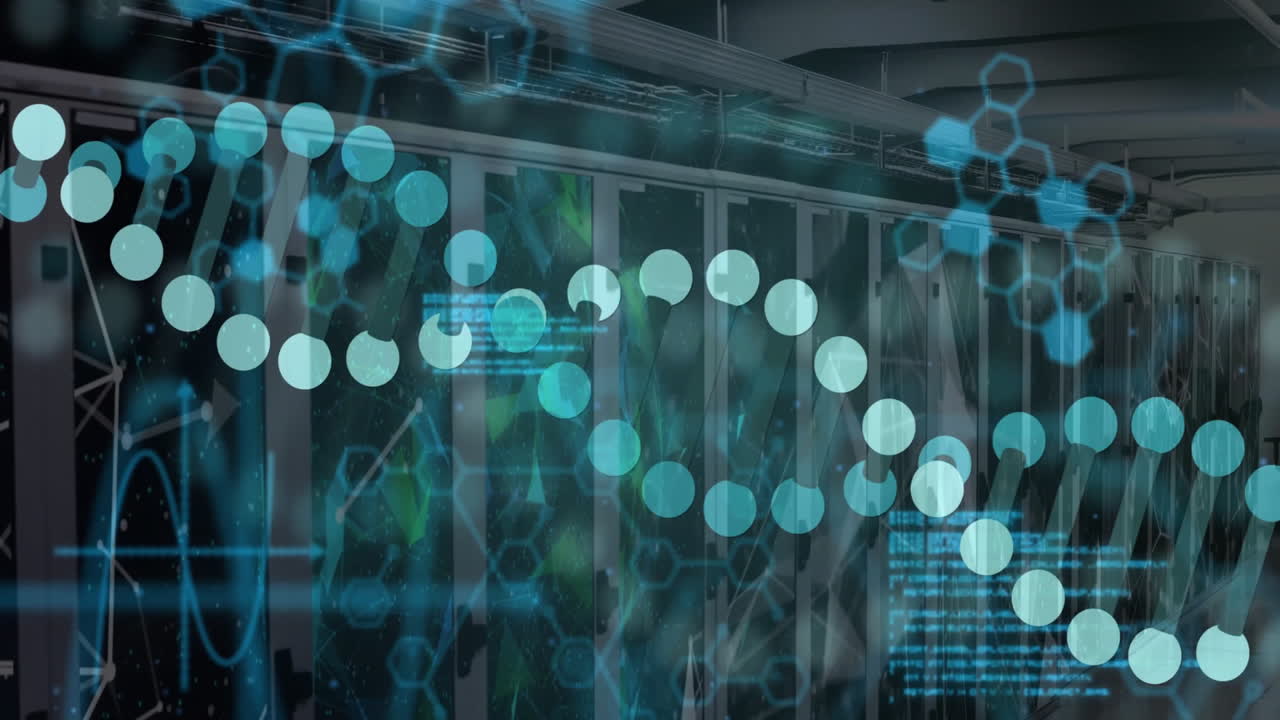 Animation of data processing with dna strand over server room