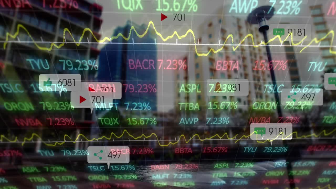 소셜 미디어 아이콘의 애니메이션과 도시 풍경에 대한 금융 데이터 처리