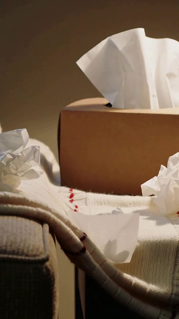 Vertical video: Frames showing box with upright tissue on chair, used tissues piling on knit throw