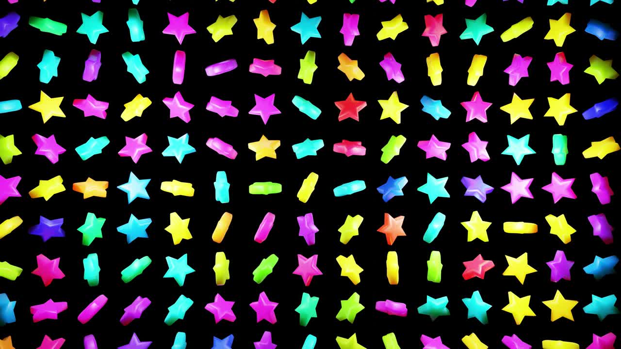 abstractas bombillas de fondo festivas con forma de estrella en el plano. estrellas multicolores giran. vj bucle como increíble hermoso bg en 4k. animación de movimiento suave, renderización 3d
