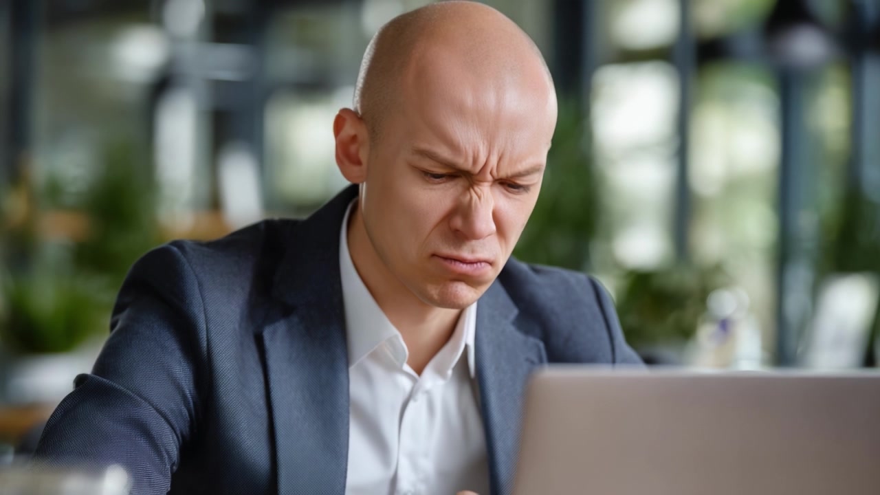Frustrated Individual Concentrating on Laptop with a Serious Expression in a Modern Office Environment, Communicating Stress and Intense Focus on Work