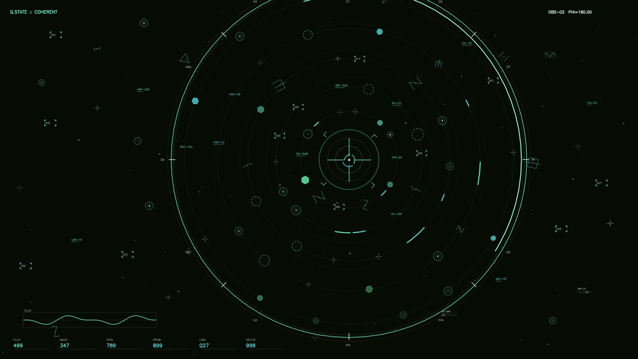 A sophisticated head up display featuring a central circular radar interface with rotating rings. The screen displays intricate cyan and teal geometric shapes, numerical telemetry readouts for flux an