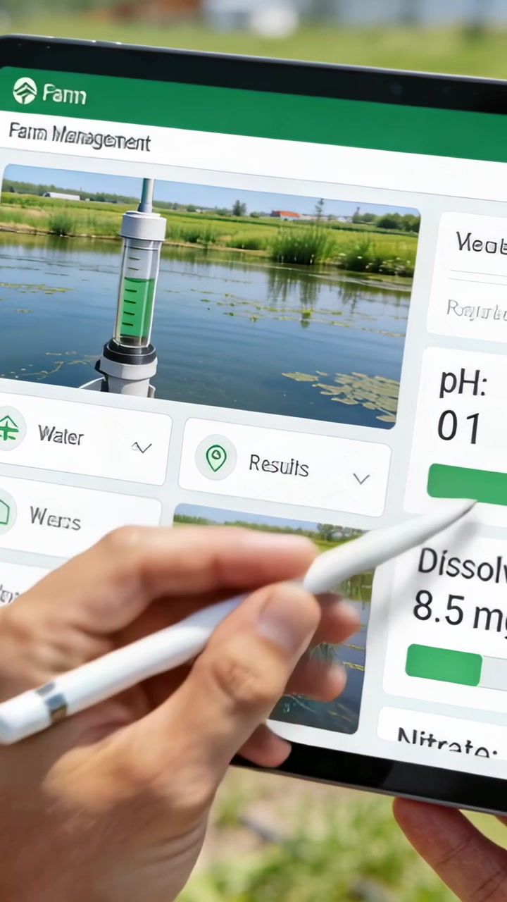 Vertical video: Nearing Water tile, stylus tapping tablet by pond, revealing pH and DO 8