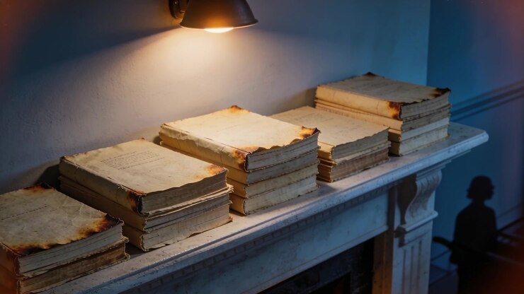 Moving camera centering four aged book stacks on mantel in parlor, revealing lamp and figurine