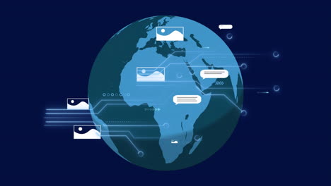 Animation-of-computer-circuit-board-over-globe-with-icons-on-blue-background