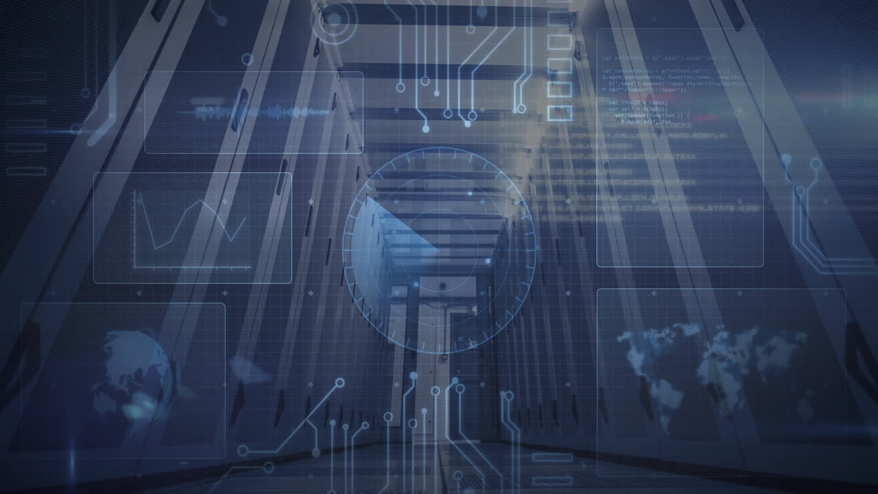 Futuristic digital interface animation over hallway with circuit patterns and graphs