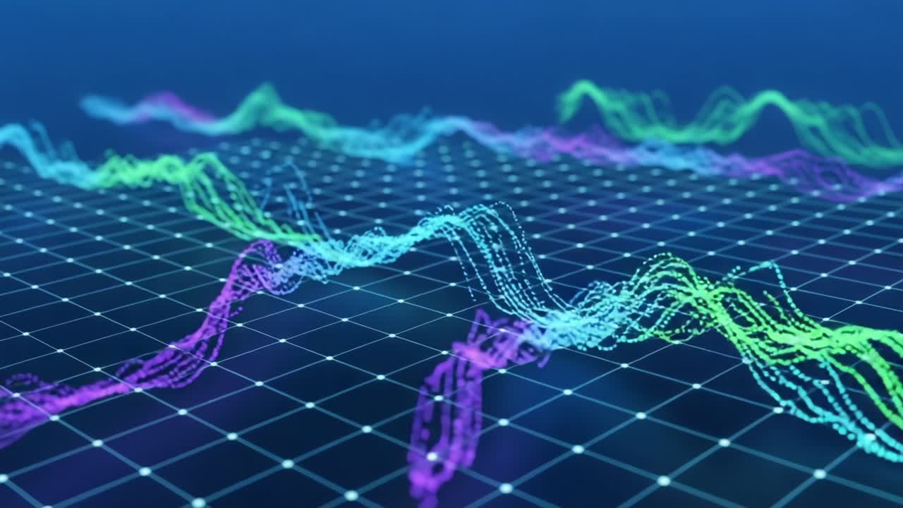 Dynamic Visualization of Multi-Colored Waveforms on a Grid Background, Representing Complex Data Patterns in a Digital Environment