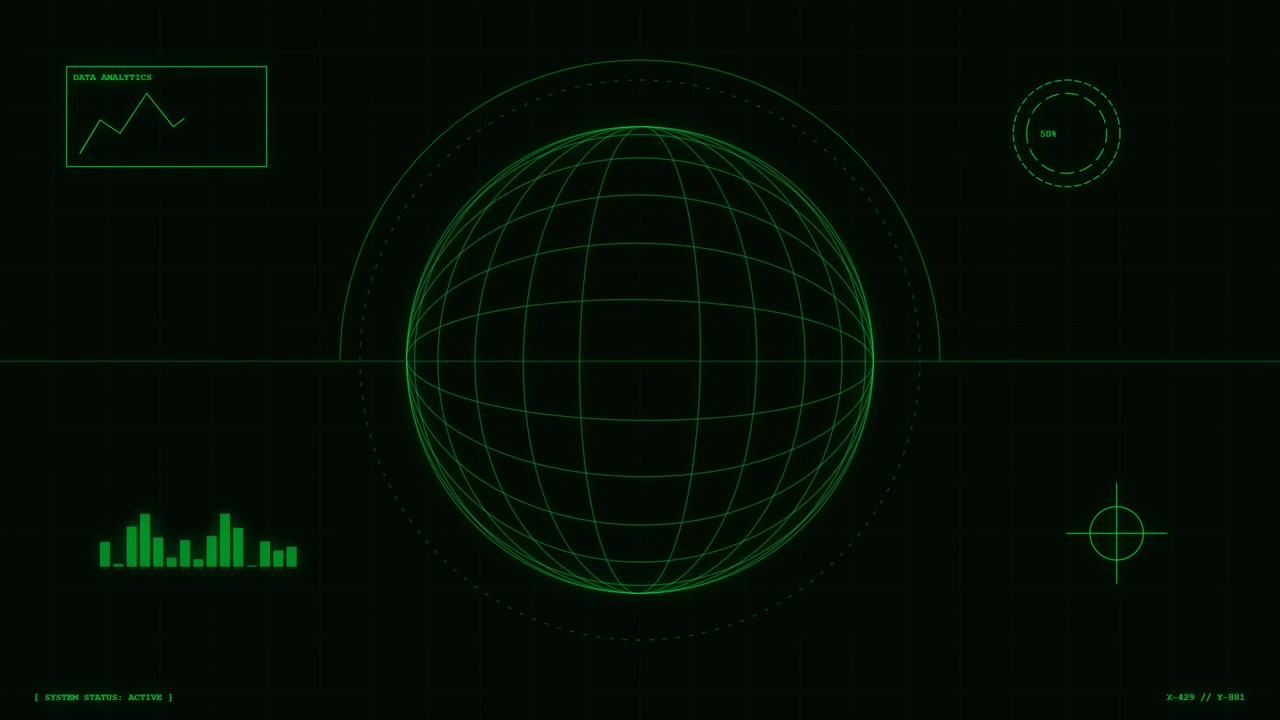 Digital Globe Wireframe Rotating on Futuristic HUD Interface
