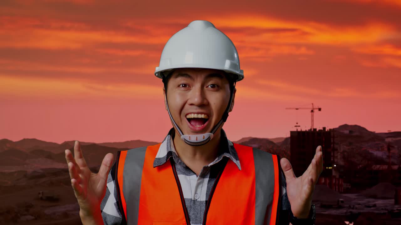 해 가 지는 것 에 대해 놀라움을 표현 하는 건설 노동자