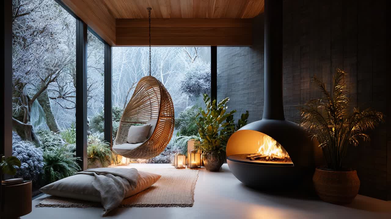 A Serene Winter Retreat: Cozy Indoor Space with a Hanging Chair, Elegant Fireplace, and Lush Greenery Offering a Calm Atmosphere Perfect for Relaxation and Unwinding in a Peaceful Environment