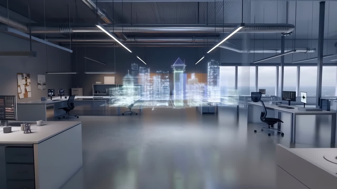 Futuristic Office with Holographic City Projection