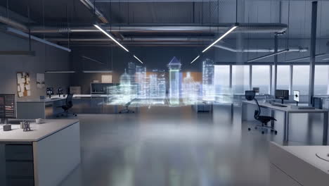 futuristic office with holographic city projection