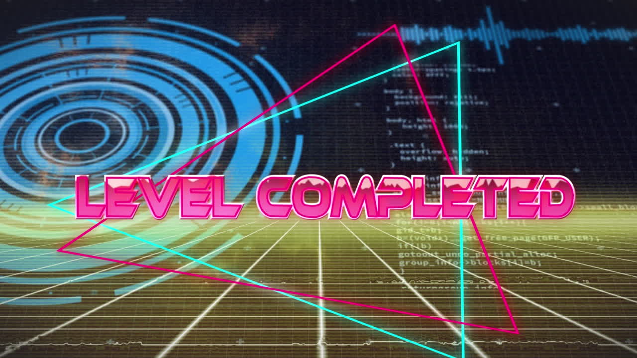 다양한 데이터로 디지털 추상 공간에서 완료된 레벨의 애니메이션