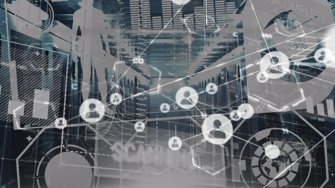 анимация сети соединений с иконками над серверной комнатой и обработкой данных