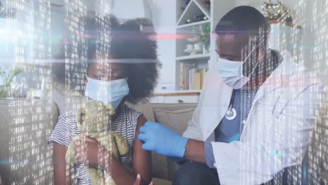 doctor giving vaccine to child holding teddy bear, with data processing animation
