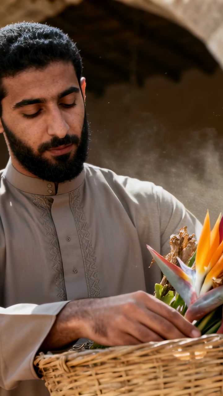 Vertical video: Reaching basket, market man in tan robe selecting bird-of-paradise stems for sale