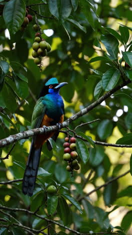 colorful tropical bird perched on a branch with fruit