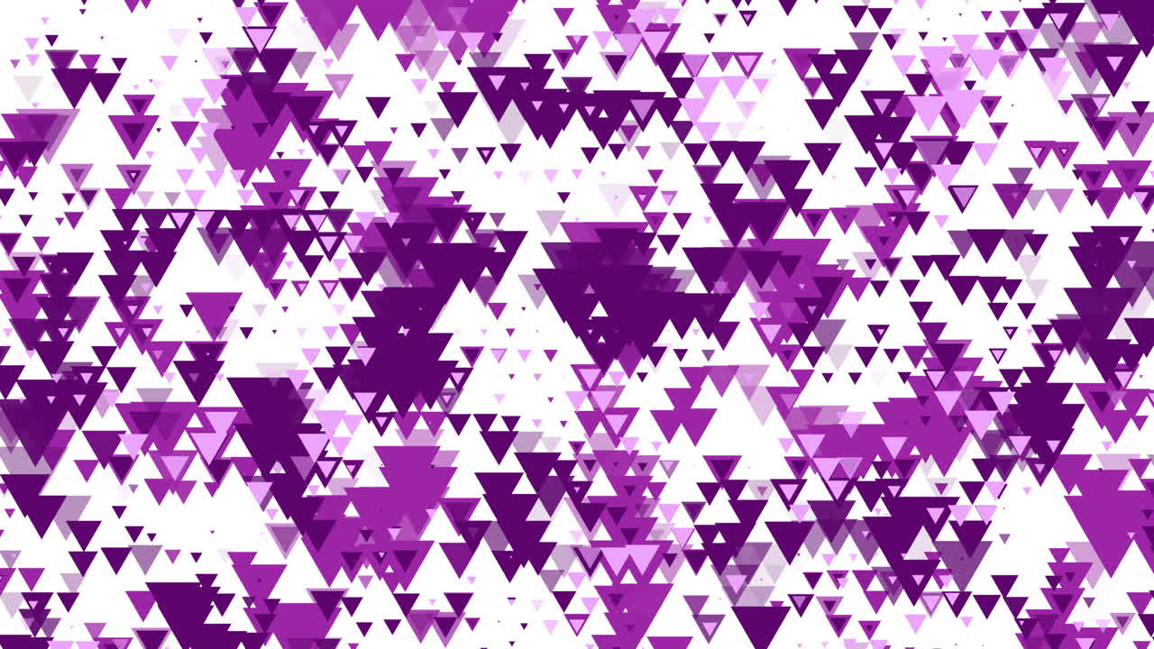 Abstract composition of various sized purple and lilac triangles scattered across a white background in a layered pattern. Loop animation. Chaotic purple triangle pattern