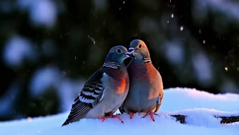 two pigeons in winter snow