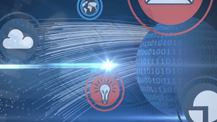 Animation of business icons and light spots over globe