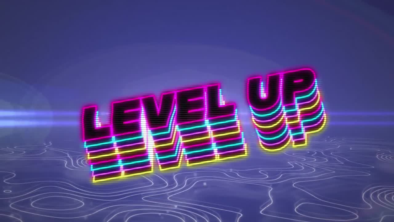 Animation of level up text over lines on purple background