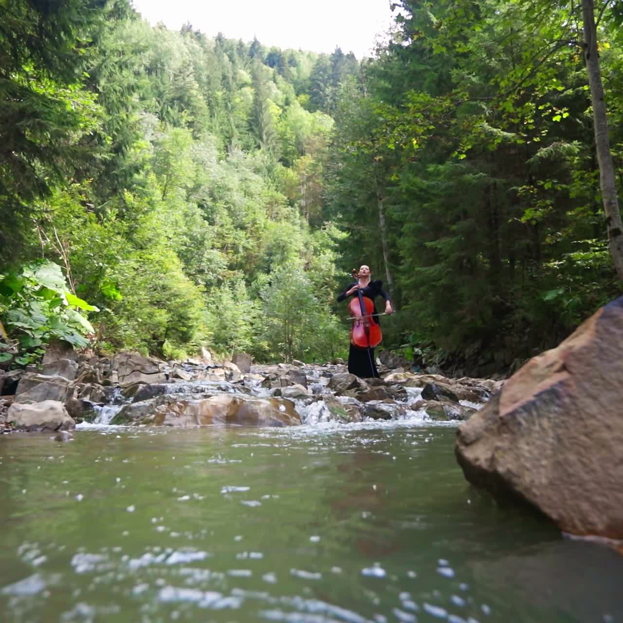 Woman playing the cello in river